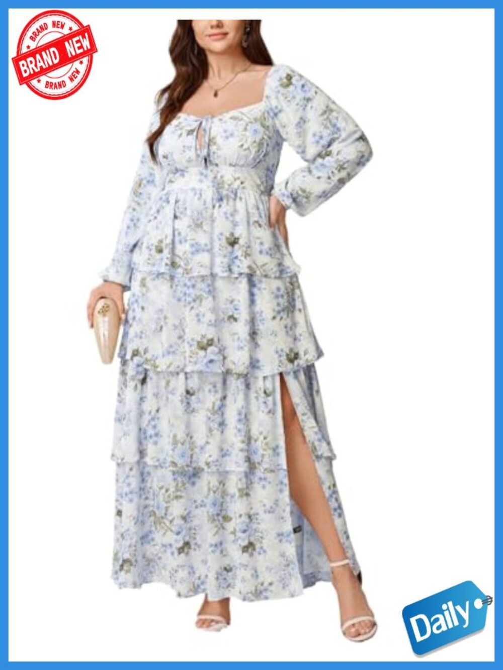 Plus Size Floral Chiffon Maxi Dress Long Sleeve Wedding Guest Cocktail Gown